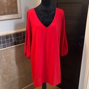 Lulu's Bright Red V-Neck Balloon Sleeve Dress